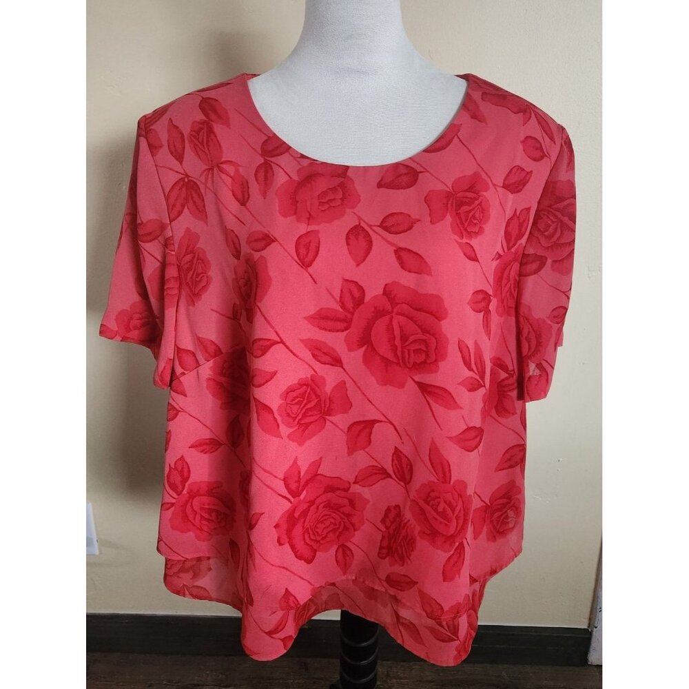 Vintage Kathie Lee Red Floral Cottagecore Blouse Short Sleeve Women's Size 24W